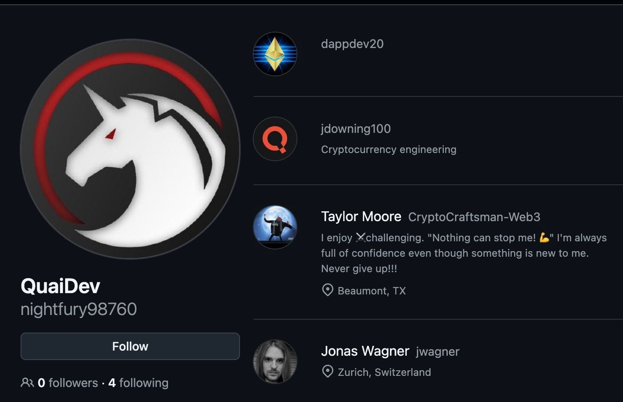 Screenshot of the QuaiDev profile that shows the nightfury98760 handle (click to enlarge)