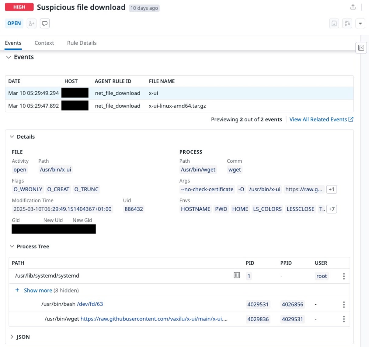 A high-severity Datadog Workload Protection signal that flagged the x-ui download (click to enlarge)