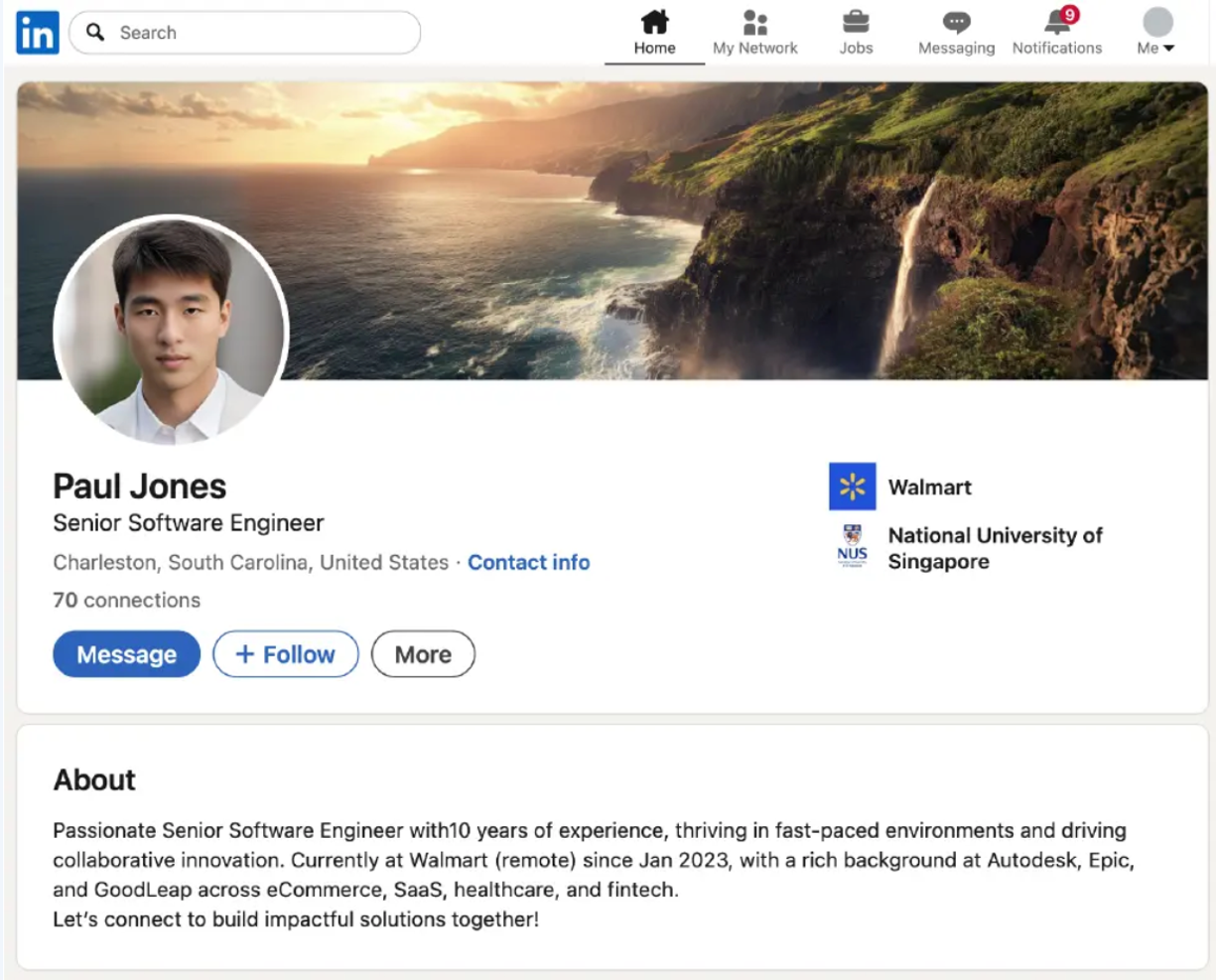 Sample fake IT worker profile with an AI-generated profile picture
