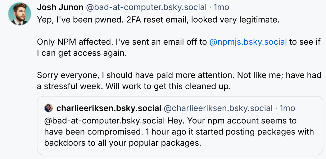 Screenshot of the post by the maintainer of popular packages Chalk/Debug in September 2025