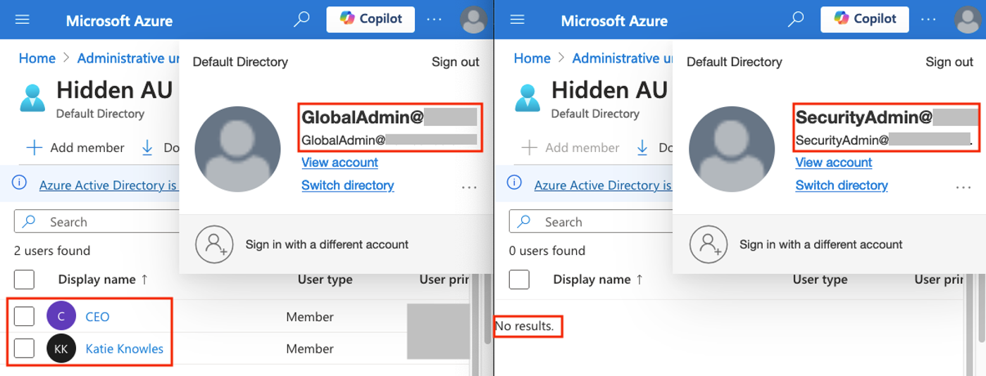 An hidden membership AU concealing membership information to anyone who doesn't have specific privileged roles (click to enlarge).