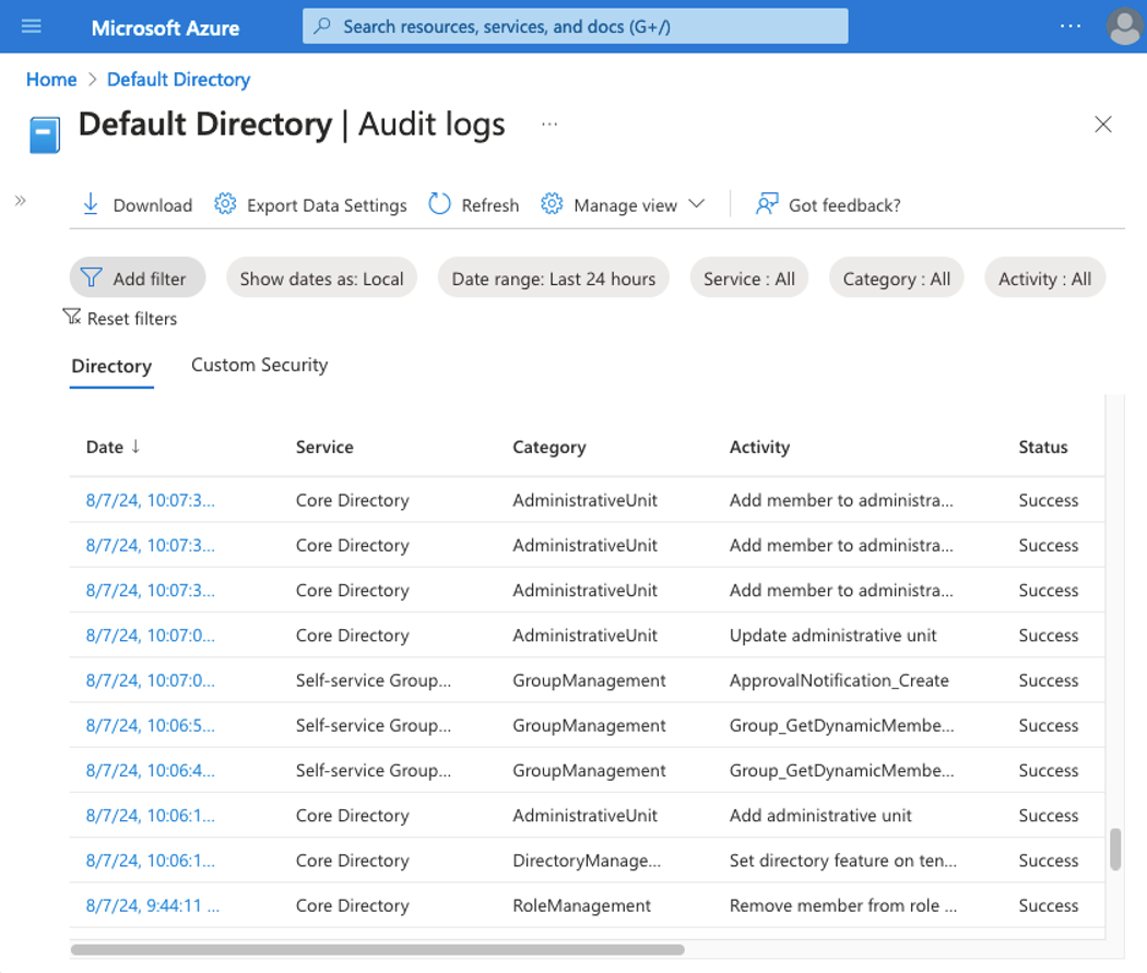 Entra ID audit logs (click to enlarge).