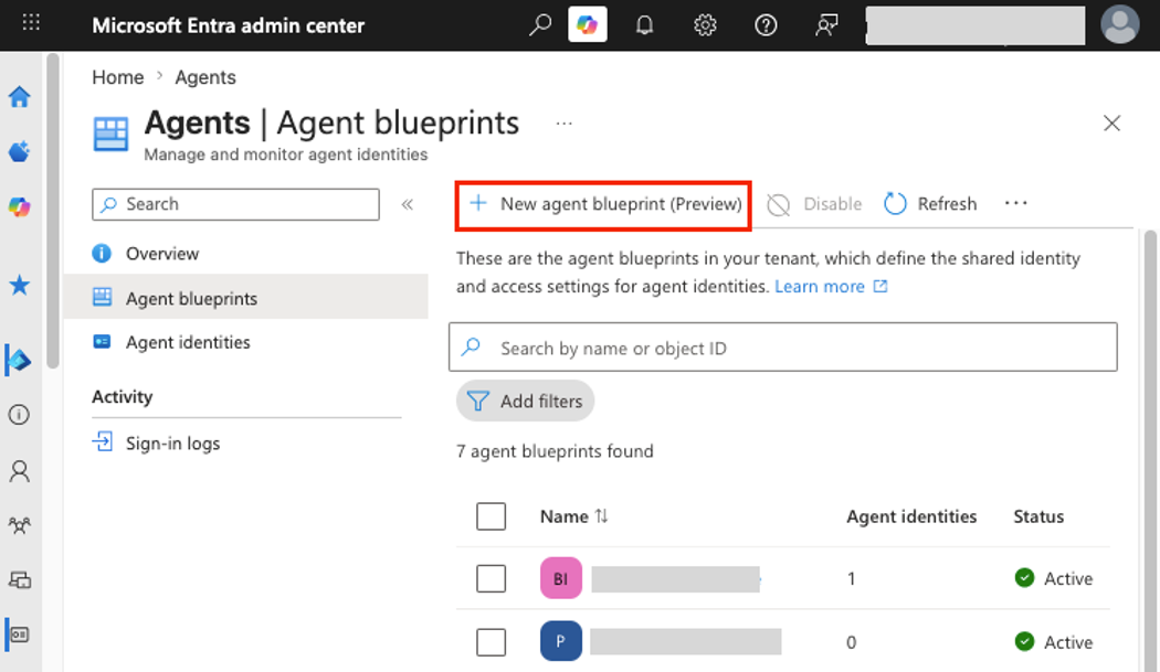 Blueprints are created in the Entra admin center (click to enlarge).