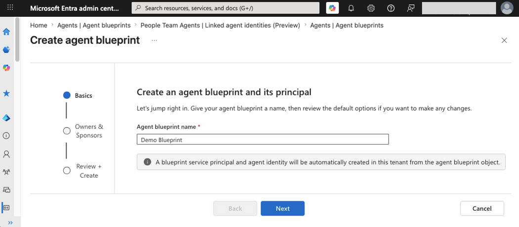 The 'Create agent blueprint' option creates a blueprint, blueprint principal, and an initial agent identity (click to enlarge).
