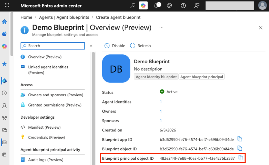 The blueprint principal's object ID is viewed under its blueprint in the Entra admin center (click to enlarge).