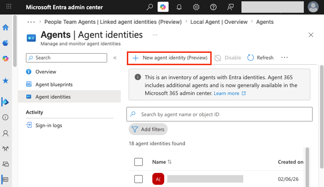 Agent identities are created in the Entra admin center (click to enlarge).