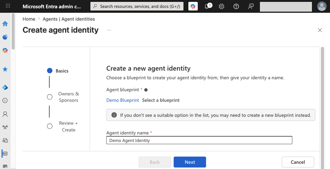 The 'Create agent identity' option creates a new agent identity for an existing blueprint (click to enlarge).