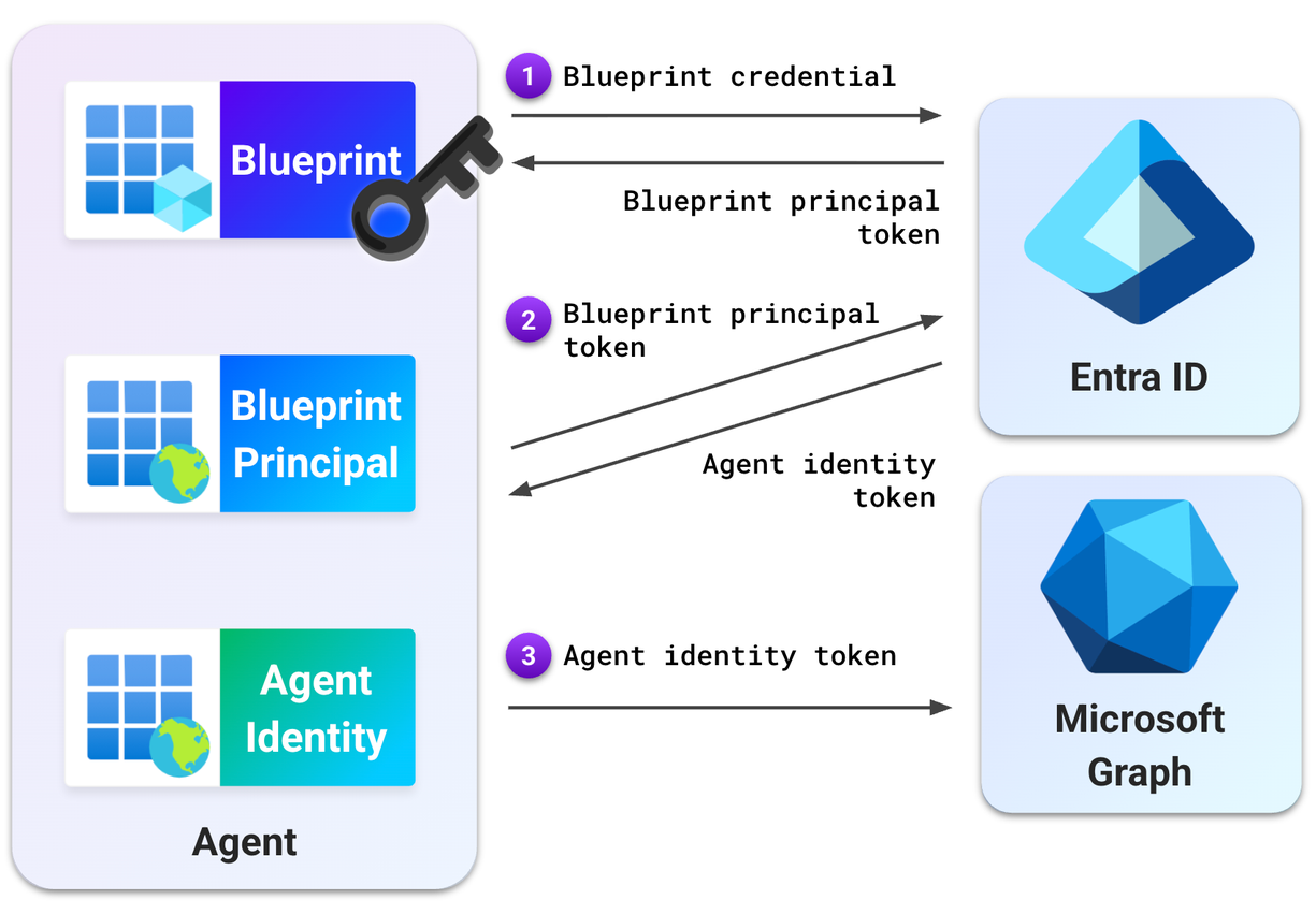 The blueprint's credential is used to authenticate all identities associated with it. This diagram shows the token exchanges required for authenticating as an agent identity (click to enlarge).