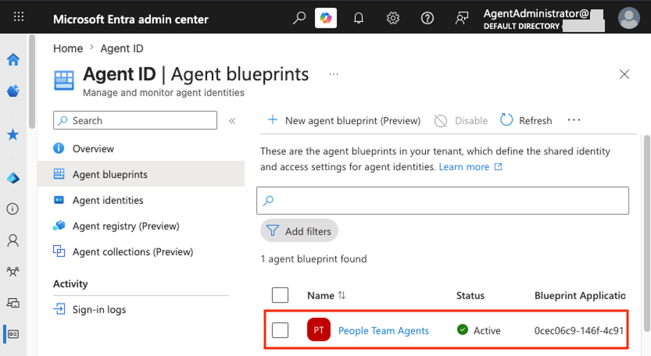 By reviewing the Entra admin center, the attacker locates the People Team Agents blueprint (click to enlarge).