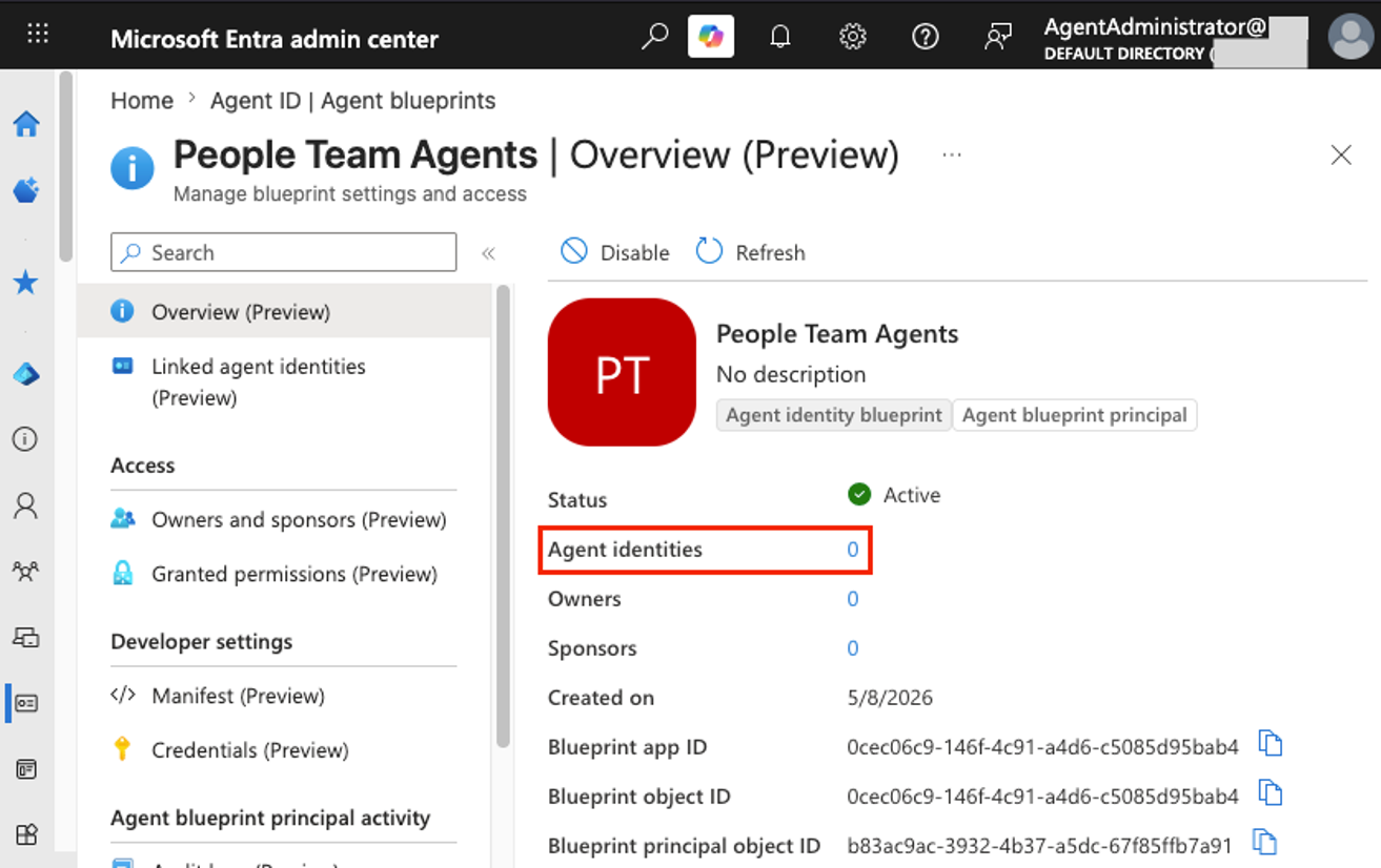 The People Team Agents blueprint has no agent identities in the corporate tenant (click to enlarge).