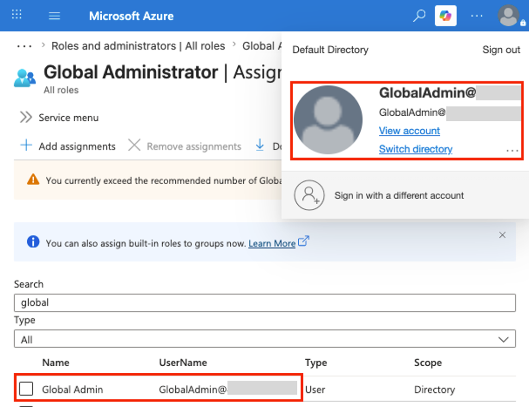 The attacker confirms the compromised user account has the Global Administrator role by using the Entra role assignments panel (click to enlarge).