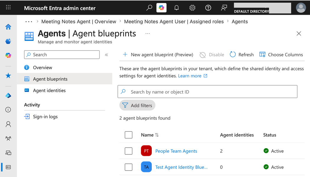 The Entra admin center contains an inventory of agent blueprint principals and agent identities in the Agents panel (click to enlarge).