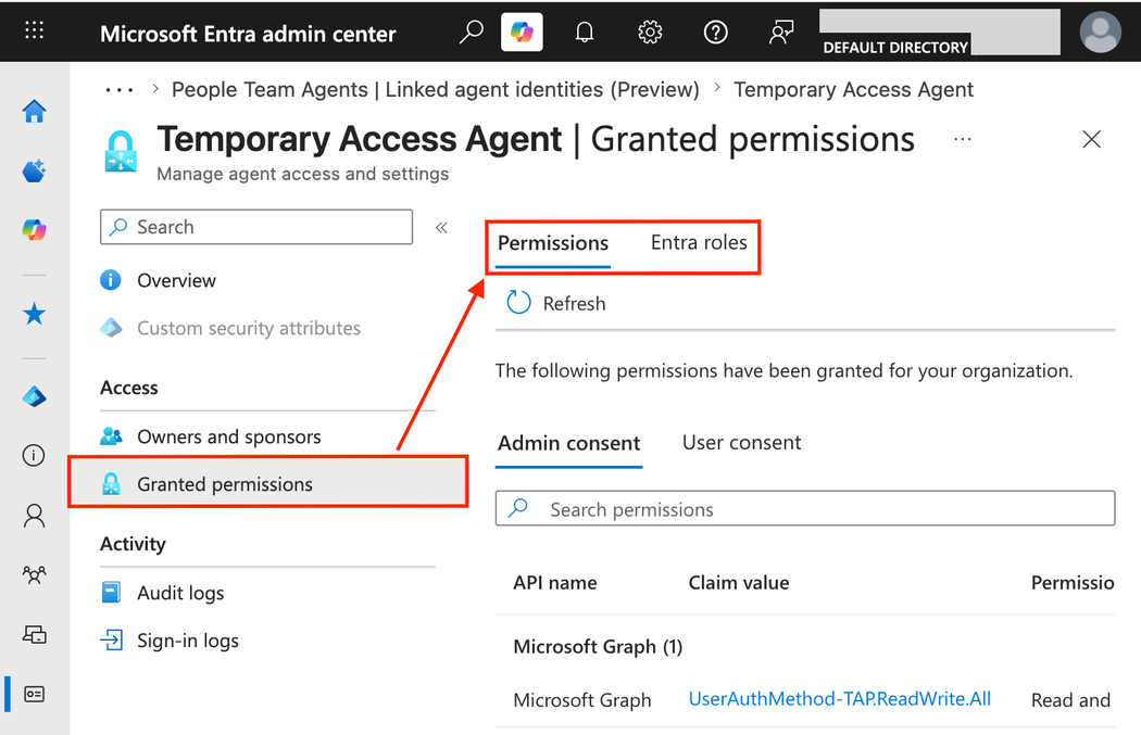 The 'Granted permissions' menu option can be used to review all permissions assigned to an agent identity or blueprint principal in the Entra admin center (click to enlarge).