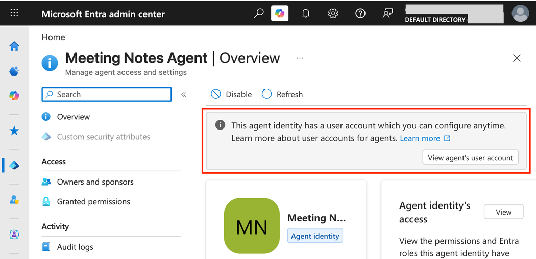 Any agent identity with an associated agent user will display this detail in the agent identity's details. This can be used to navigate to the agent user and review its permissions (click to enlarge).