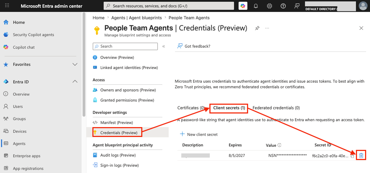 Blueprint secrets are removed in the Entra admin center (click to enlarge).