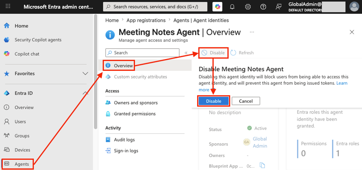Agents and blueprints can be disabled in the Entra admin center, using the 'Disable' button under an agent or blueprint's details (click to enlarge).