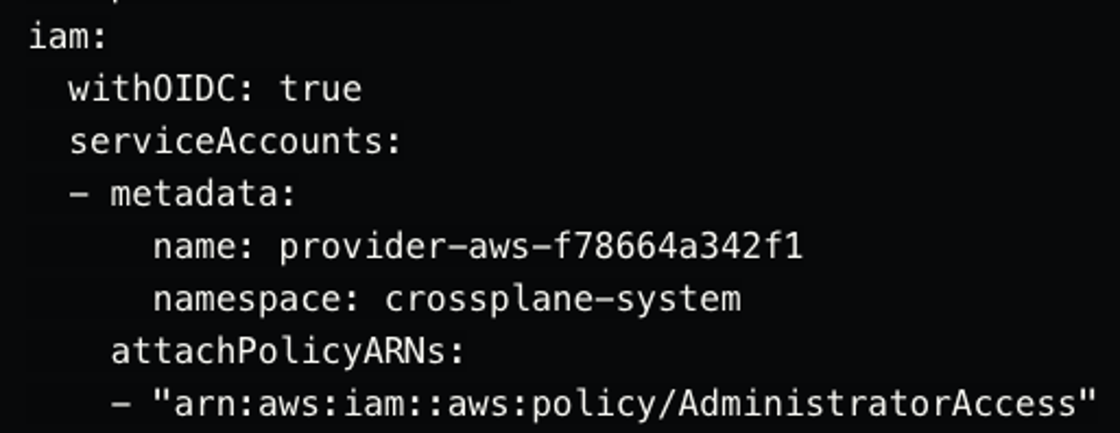 eksctl configuration to create an IAM role for a Kubernetes service account with administrator privileges