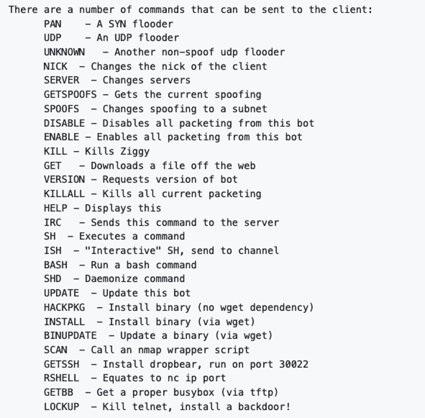 IRC commands available to the attack through his IRC bot