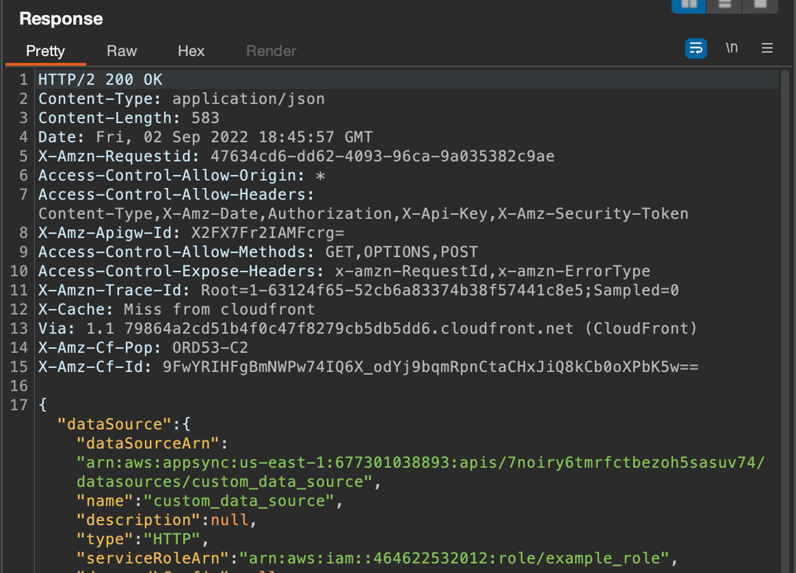 This returns no error. Different account IDs for the `dataSourceArn` and `serviceRoleArn` are shown.