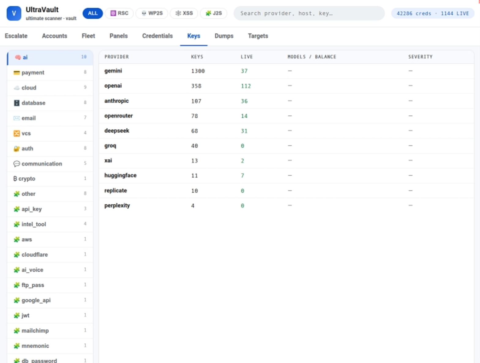 The UltraVault Keys tab listing AI providers, key counts, and live credentials.