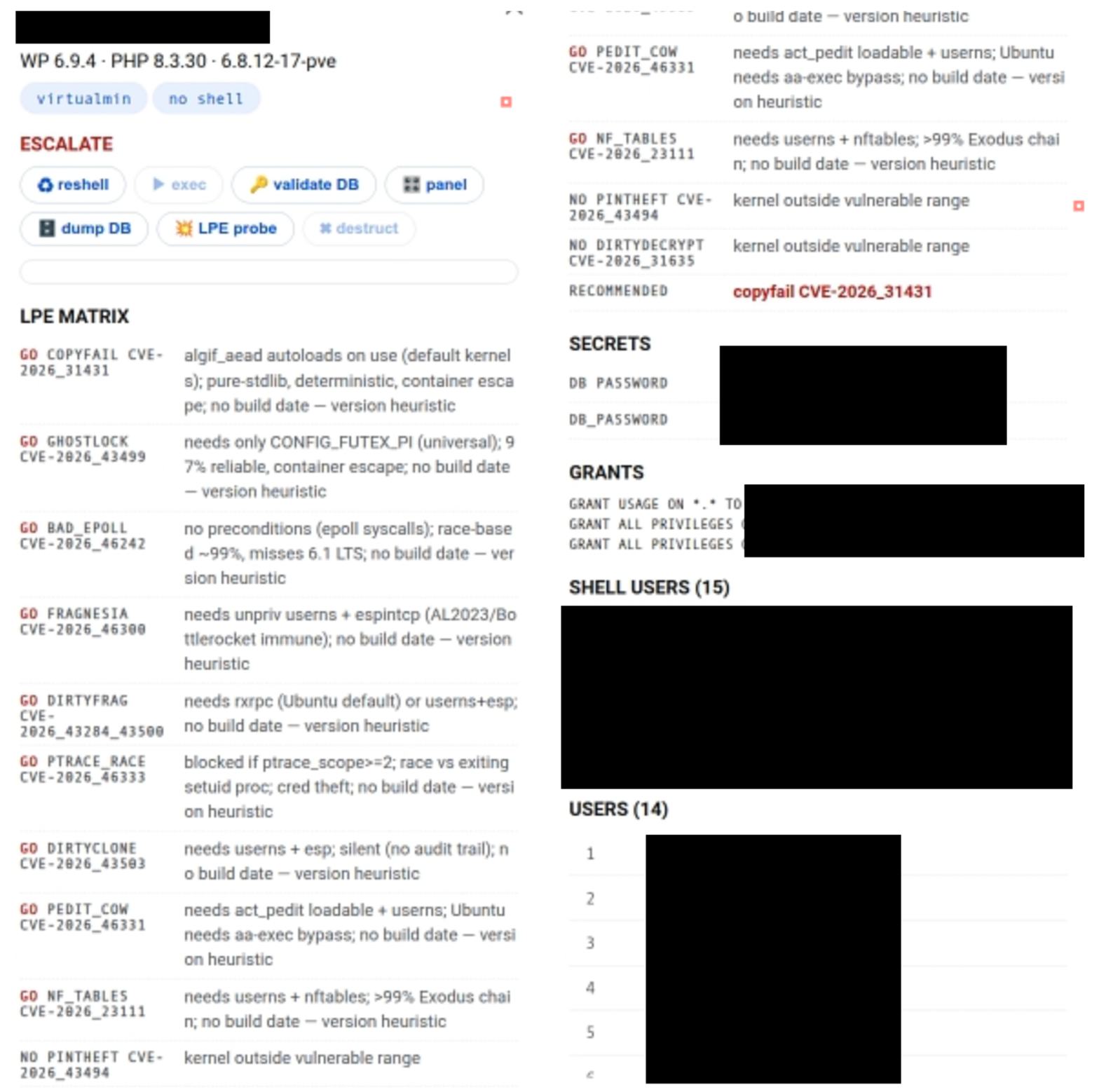 The UltraVault LPE matrix recommending local privilege escalation vulnerabilities against a WordPress host.