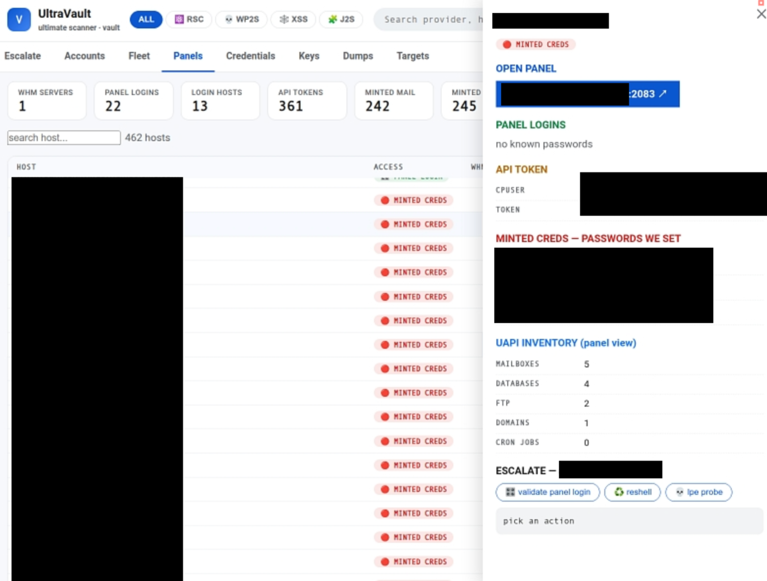 The UltraVault Panel tab showing minted credentials, API tokens, and one-click actions against a cPanel host on port 2083.