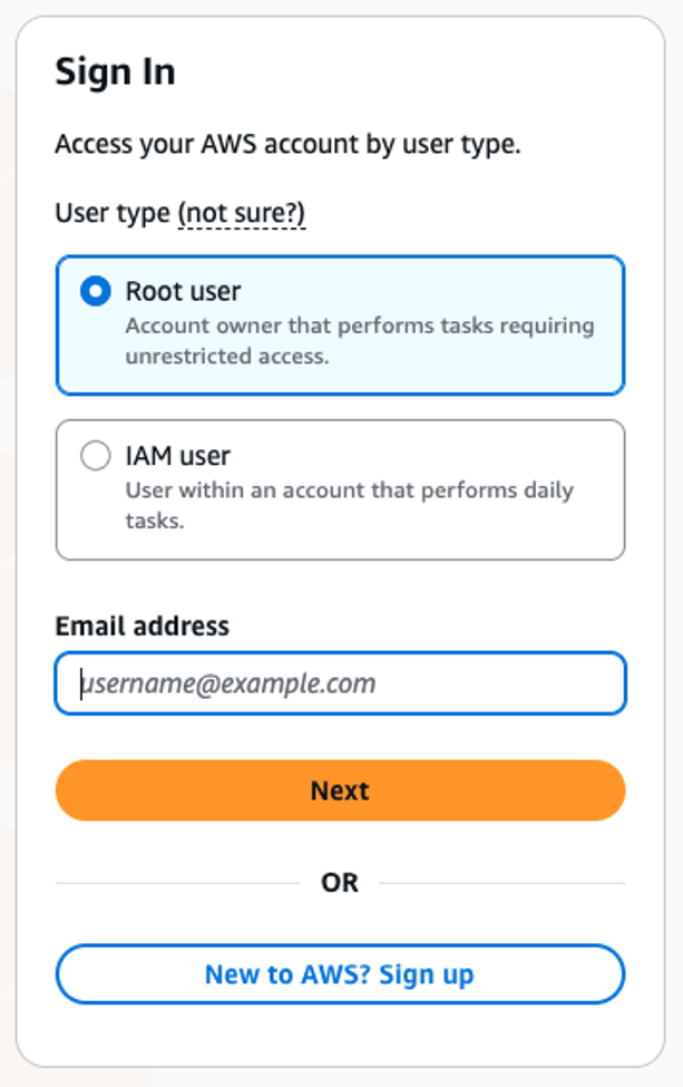 AWS sign-in page showing the root user option, which requires the email address associated with the account