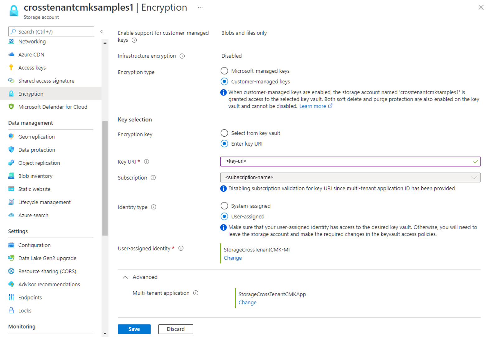 Azure Portal showing cross-tenant customer-managed key configuration on a storage account, with a multi-tenant application and user-assigned identity
