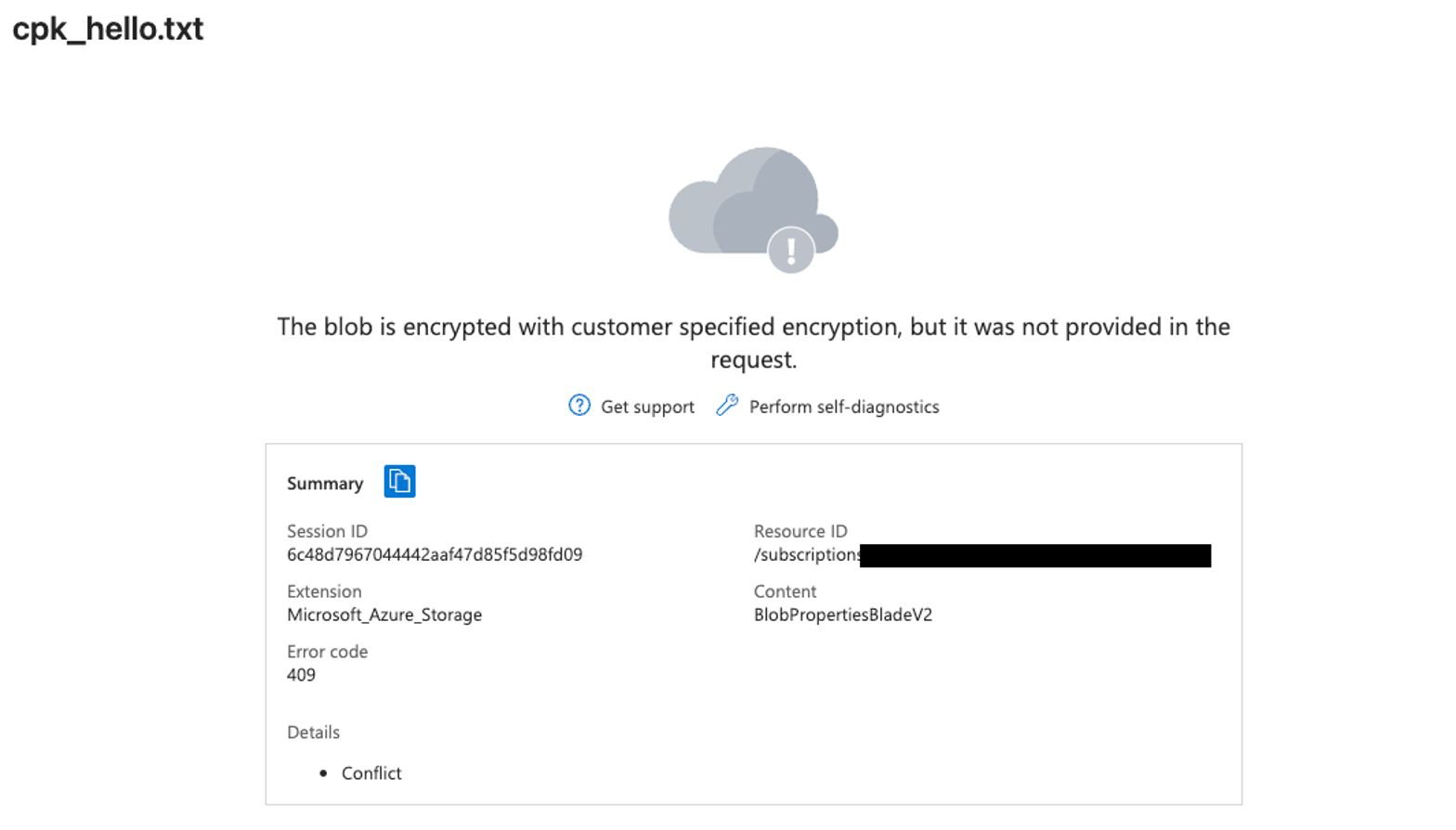 Azure Portal error showing a blob encrypted with a customer-provided key is inaccessible without the encryption key