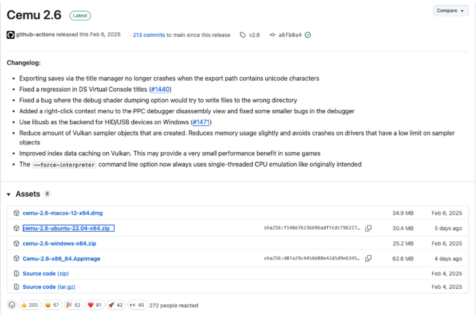 The Cemu v2.6 GitHub release page showing backdoored Linux assets re-uploaded by MangelSpec alongside the original macOS and Windows builds