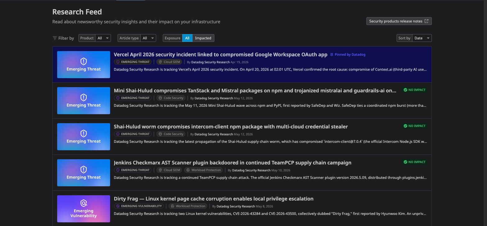The Datadog Security Research Feed showing affected packages from the TeamPCP supply chain campaign, including the TanStack and Mistral compromises