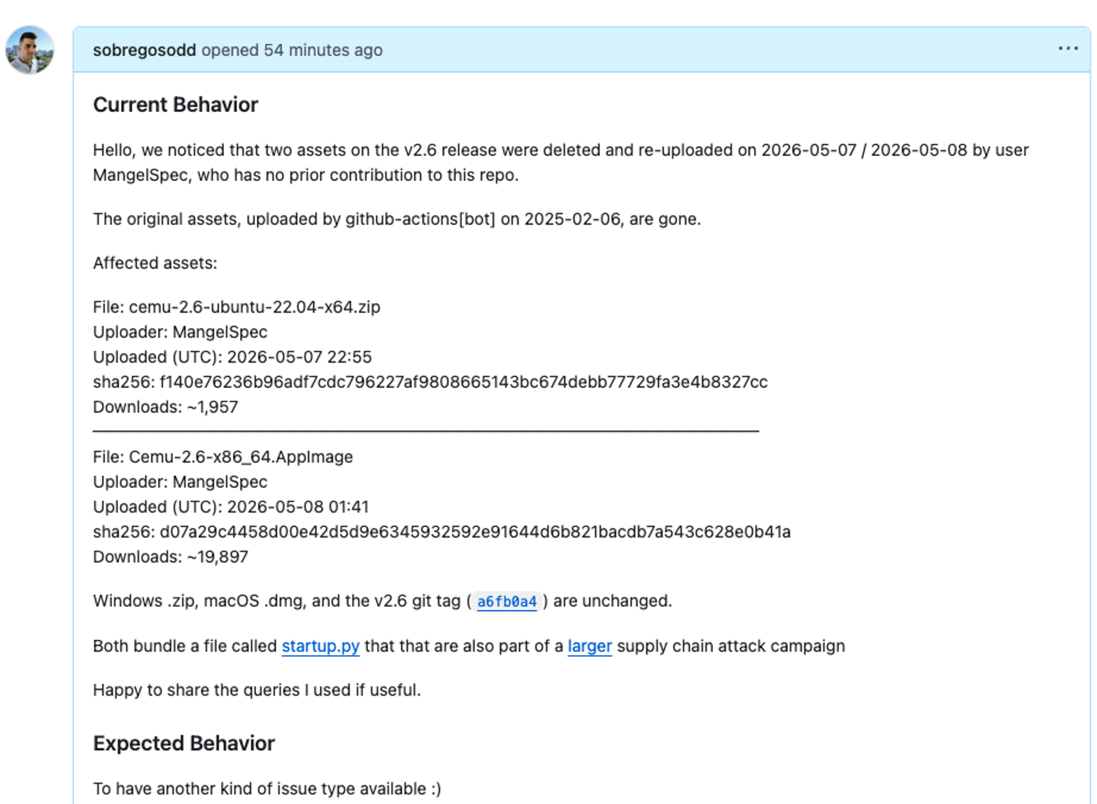 GitHub issue filed to alert the Cemu maintainers of the compromised release assets, detailing the two affected files and their upload metadata