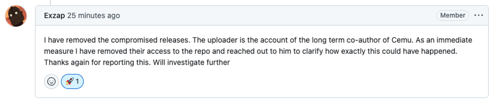 Cemu maintainer Exzap confirms MangelSpec is a long-term co-author and announces removal of their repo access pending investigation