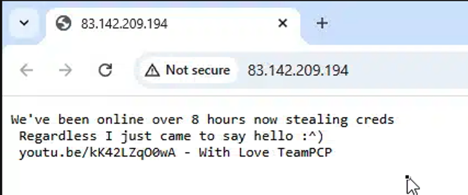 The C2 server at 83.142.209.194 displaying a message from TeamPCP claiming credit for the campaign