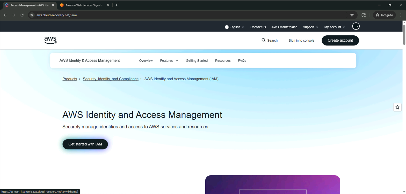 AWS Identity and Access Management product landing page served from the phishing domain (click to enlarge)