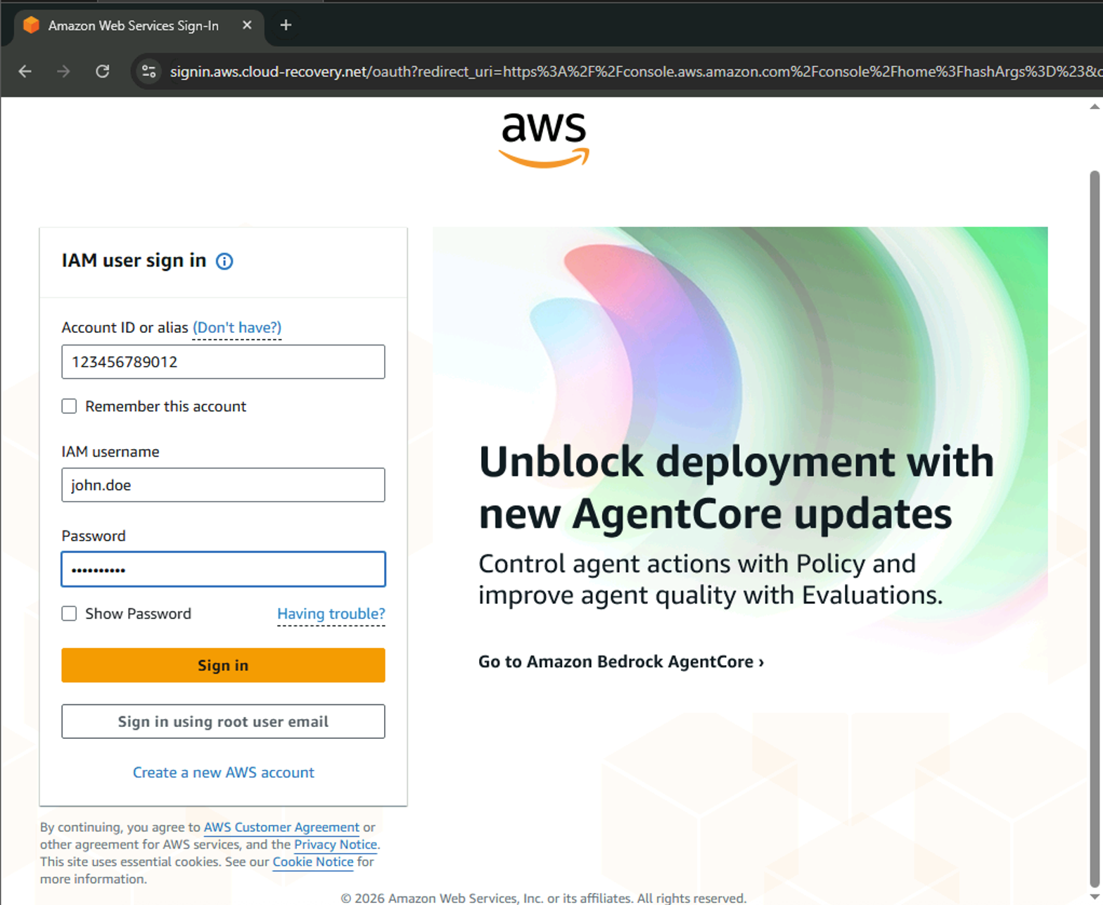 Phishing page hosted at signin.aws.cloud-recovery.net mimicking the AWS IAM user sign-in page (click to enlarge)