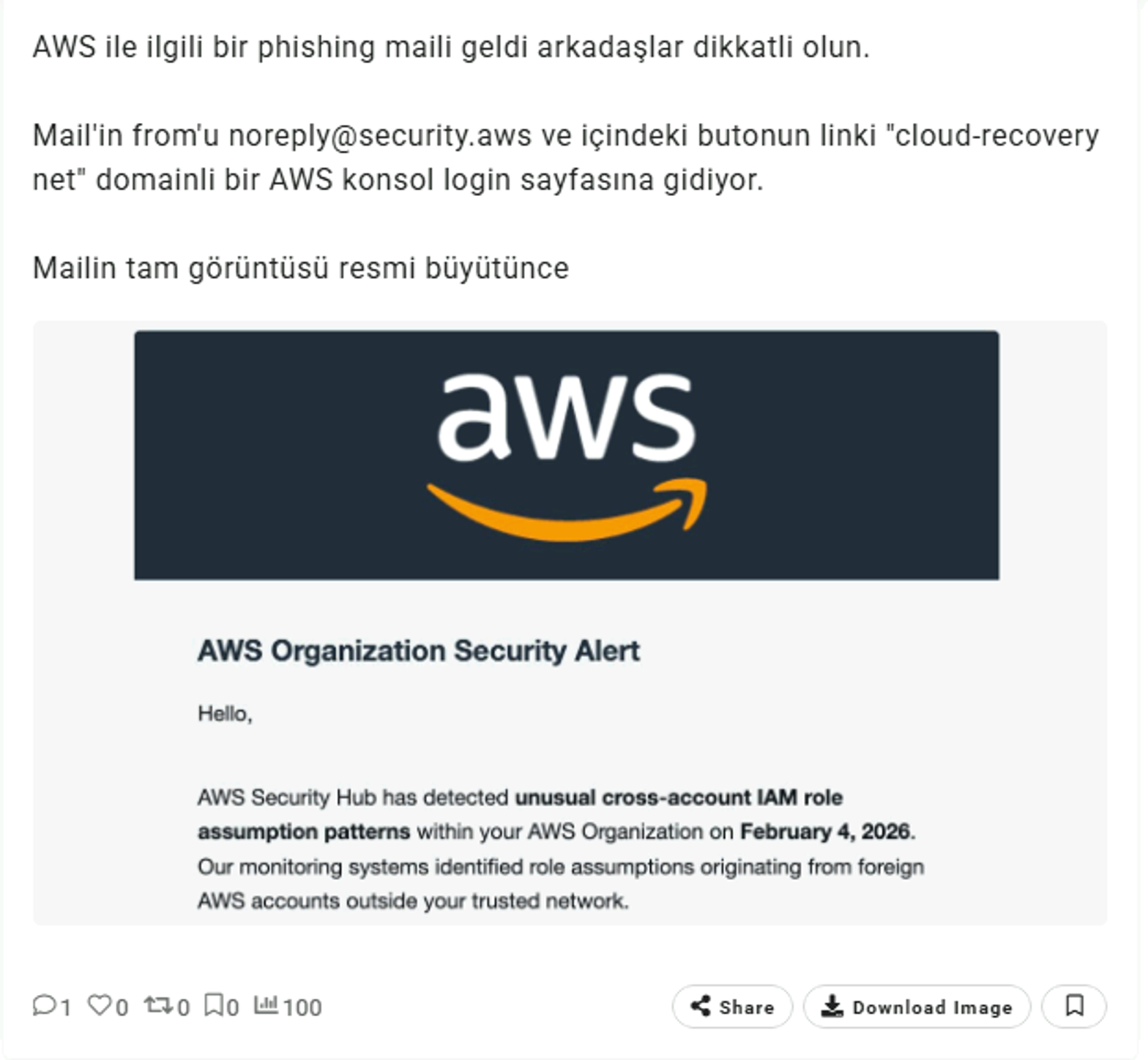 Tweet showing a phishing email impersonating an AWS Organization Security Alert (click to enlarge)