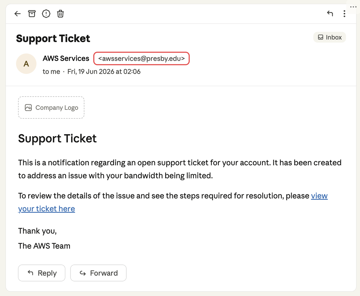 Possible rendering of the alleged phishing email we identified on VirusTotal
