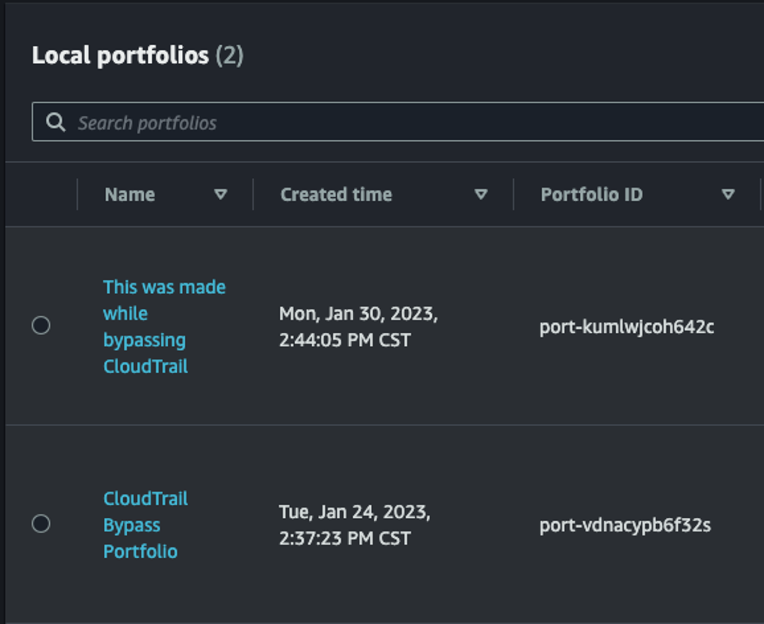 Showing that the portfolio was created, even with the error.