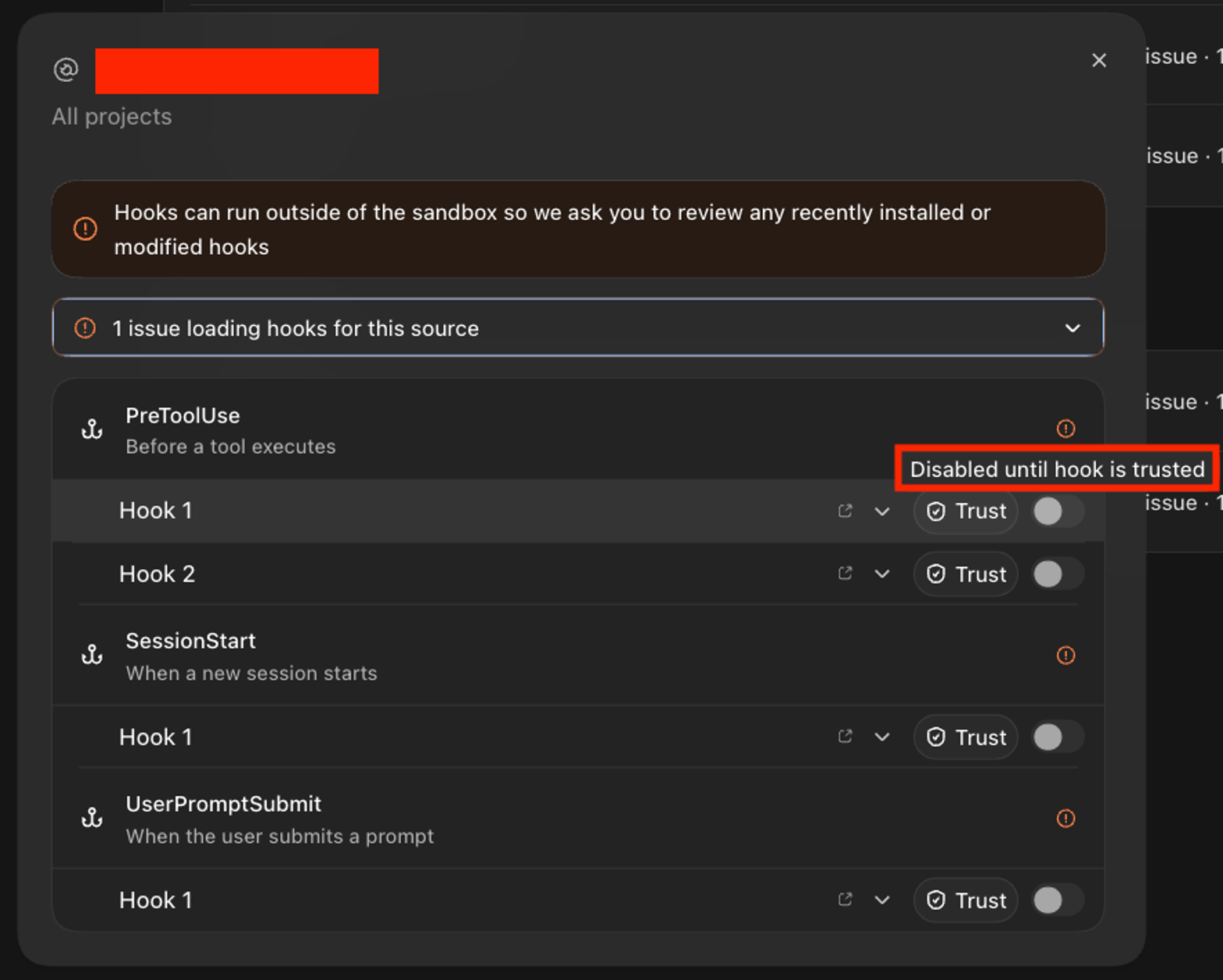 Codex asks users to review and trust command hooks before they can run (click to enlarge)