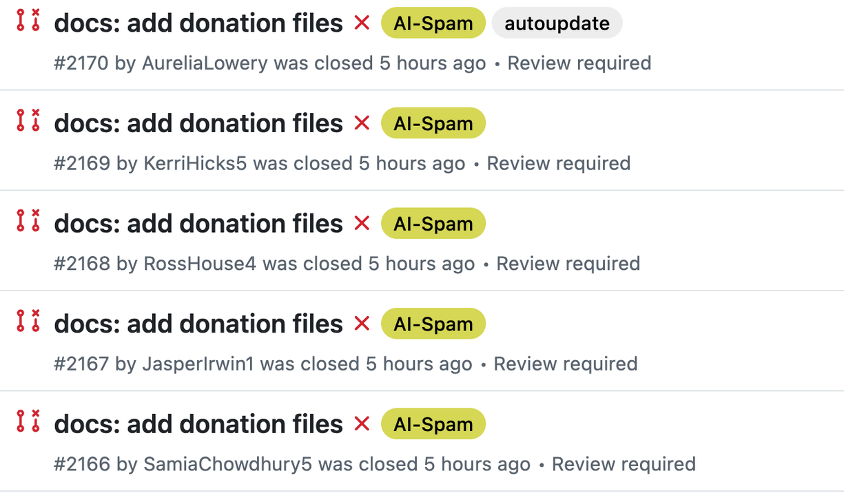 A sample of the 36 spam pull requests titled 'docs: add donation files'