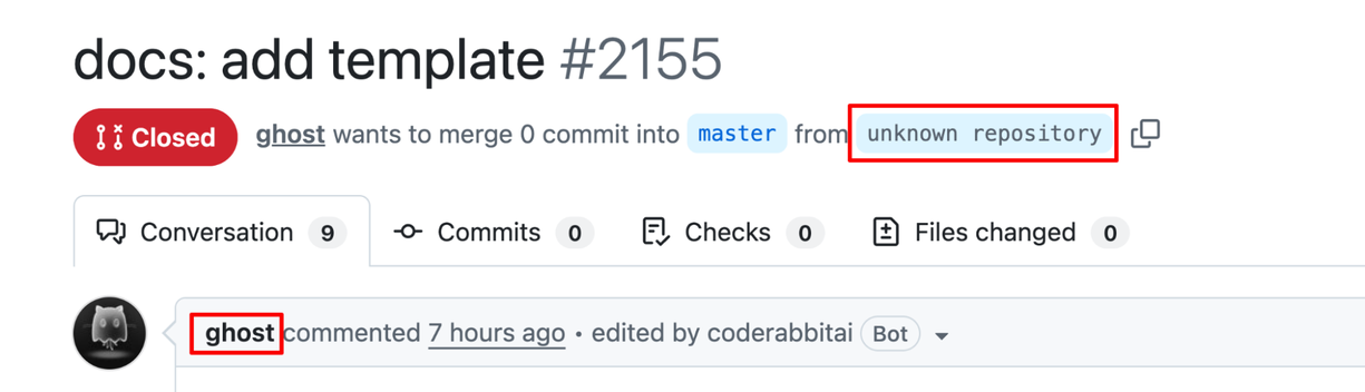 Pull request #2155, opened by 'ghost' (the generic username GitHub uses for deleted accounts) from an already-deleted repository