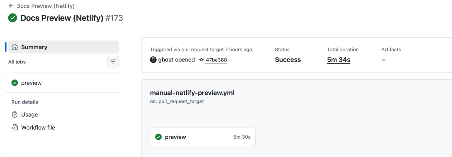 The Docs Preview (Netlify) workflow run triggered by the malicious pull request