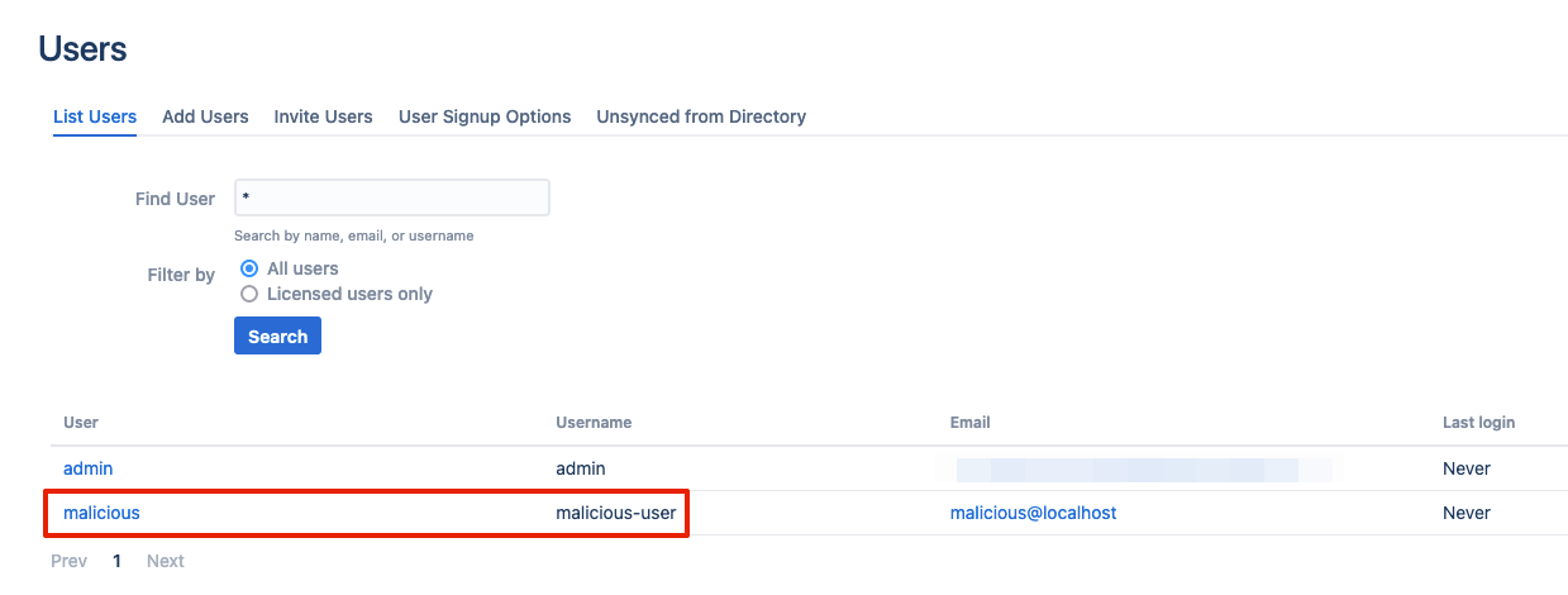 Malicious user created by exploiting the vulnerability