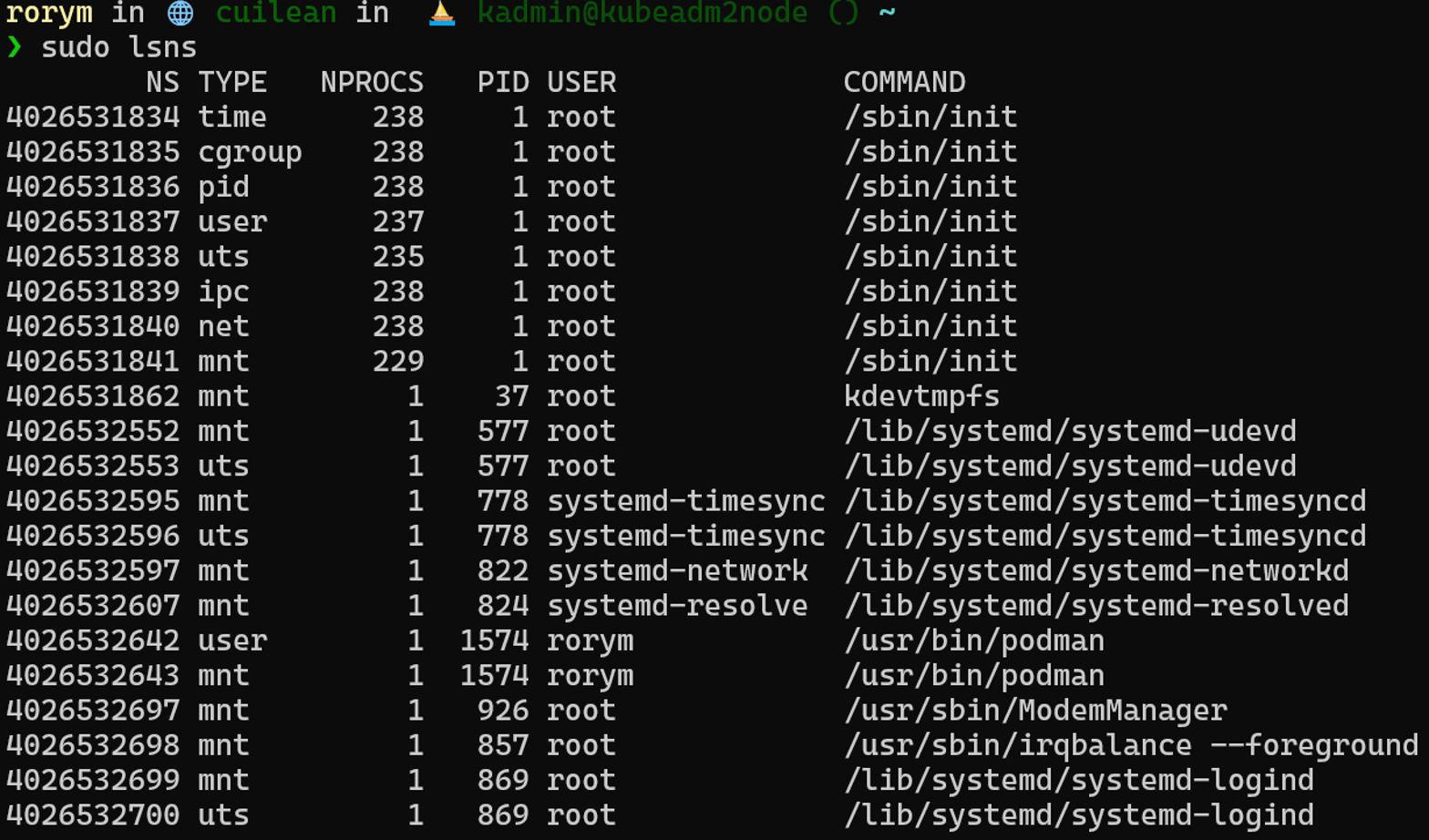 Output of the lsns command