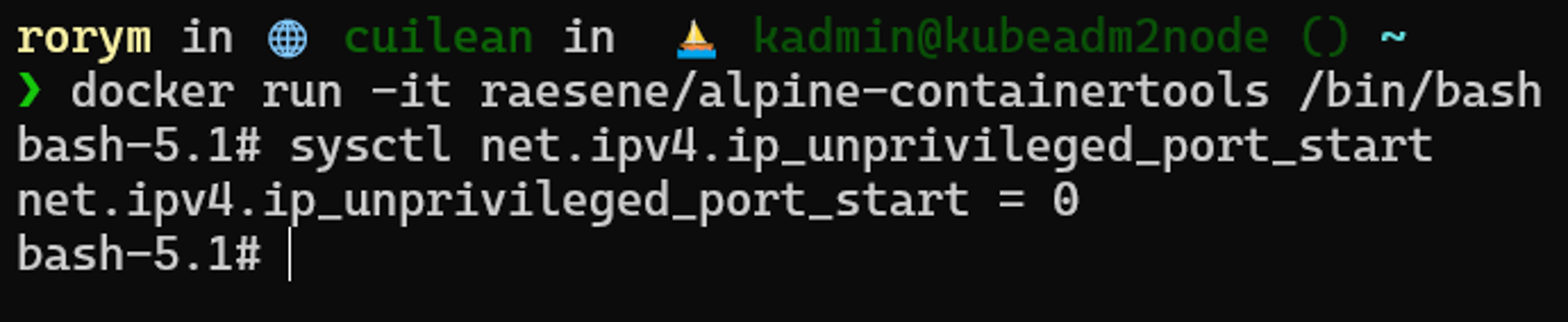 sysctl setting for unprivileged port range inside a container