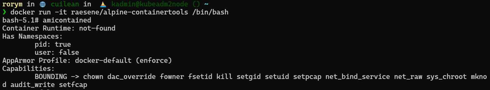 amicontained can be used to show the capabilities available inside a container