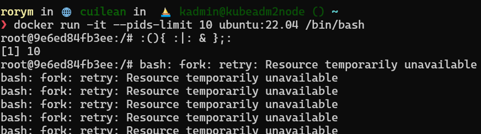 Docker PID limits in effect with a fork bomb